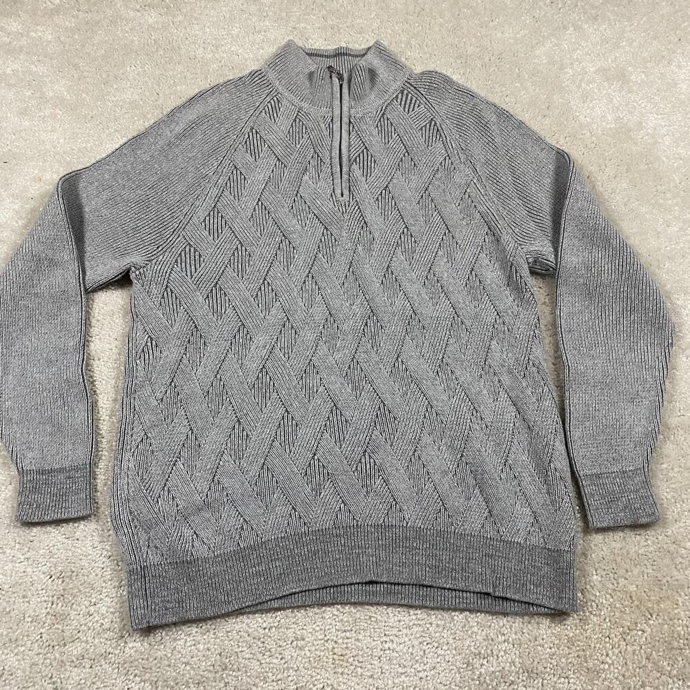 Tommy Bahama Sweater Mens M Gray Cotton 1/4 Zip Mock Neck Cable Knit Pullover
